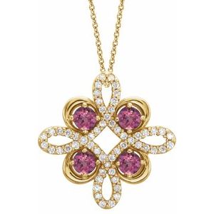14K Yellow Natural Pink Tourmaline &amp; 1/8 CTW Natural Diamond Clover 18" Necklace