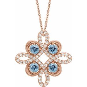 14K Rose Natural Aquamarine &amp; 1/6 CTW Natural Diamond Clover 18" Necklace