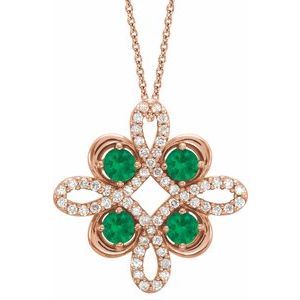 14K Rose Natural Emerald &amp; 1/6 CTW Natural Diamond Clover 18" Necklace