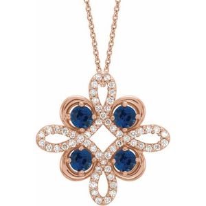 14K Rose Natural Blue Sapphire &amp; 1/6 CTW Natural Diamond Clover 18" Necklace