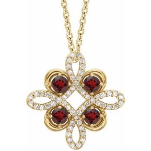 14K Yellow Natural Mozambique Garnet &amp; 1/6 CTW Natural Diamond Clover 18" Necklace