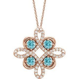 14K Rose Natural Blue Zircon &amp; 1/8 CTW Natural Diamond Clover 18" Necklace
