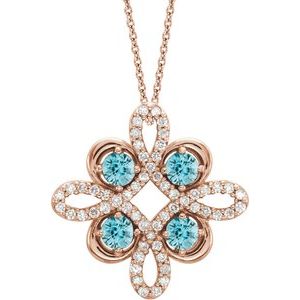14K Rose Natural Blue Zircon &amp; 1/8 CTW Natural Diamond Clover 18" Necklace
