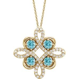 14K Yellow Natural Blue Zircon &amp; 1/8 CTW Natural Diamond Clover 18" Necklace