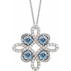 14K White Natural Aquamarine &amp; 1/6 CTW Natural Diamond Clover 18" Necklace