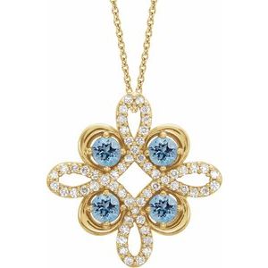 14K Yellow Natural Aquamarine &amp; 1/6 CTW Natural Diamond Clover 18" Necklace