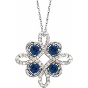 14K White Natural Blue Sapphire &amp; 1/6 CTW Natural Diamond Clover 18" Necklace