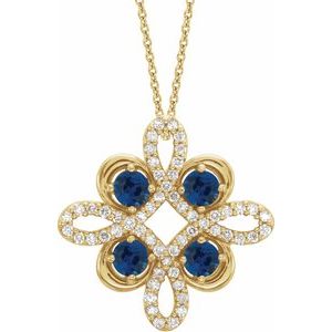 14K Yellow Lab-Grown Blue Sapphire &amp; 1/6 CTW Diamond Clover 18" Necklace