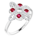 14K White Natural Ruby &amp; 1/8 CTW Natural Diamond Semi-Set Clover Ring