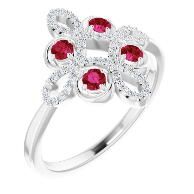 14K White Natural Ruby &amp; 1/8 CTW Natural Diamond Semi-Set Clover Ring