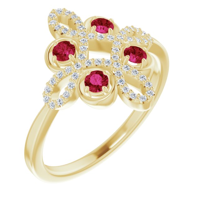14K Yellow Natural Ruby &amp; 1/8 CTW Natural Diamond Semi-Set Clover Ring