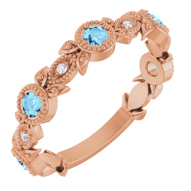 14K Rose Natural Aquamarine &amp; .03 CTW Natural Diamond Leaf Ring