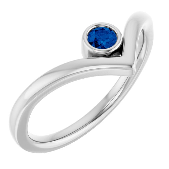 14K White Lab-Grown Blue Sapphire Bezel Set V Ring