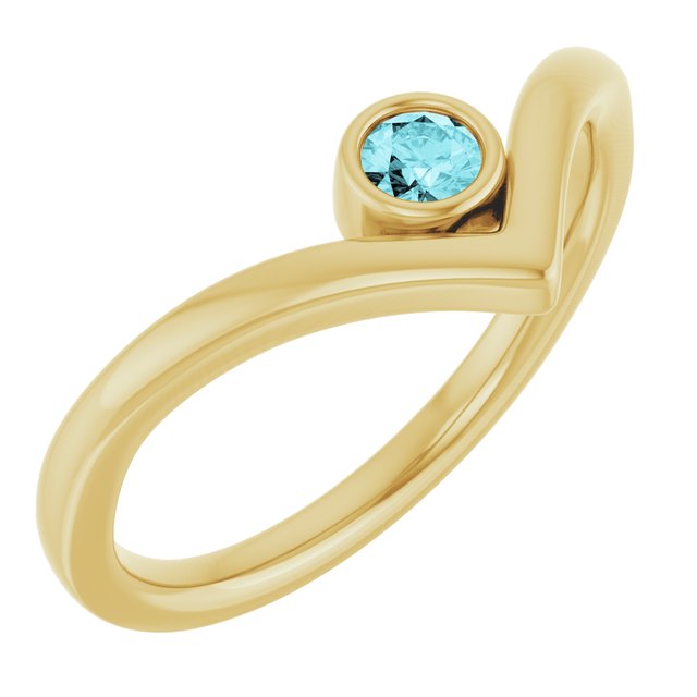 14K Yellow Natural Blue Zircon Bezel Set V Ring