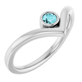 14K White Natural Blue Zircon Bezel Set V Ring