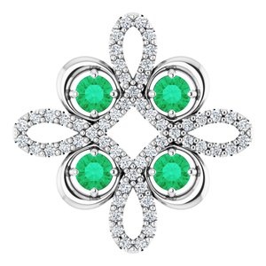14K White Lab-Grown Emerald &amp; 1/6 CTW Diamond Clover Pendant