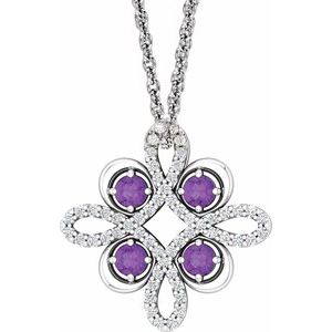 14K White Natural Amethyst &amp; 1/6 CTW Natural Diamond Clover 18" Necklace