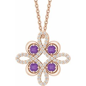 14K Rose Natural Amethyst &amp; 1/6 CTW Natural Diamond Clover 18" Necklace