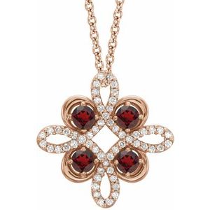 14K Rose Natural Mozambique Garnet &amp; 1/6 CTW Natural Diamond Clover 18" Necklace
