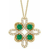 14K Yellow Natural Emerald &amp; 1/6 CTW Natural Diamond Clover 18" Necklace