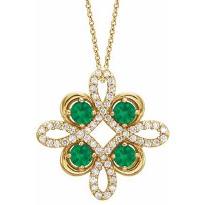 14K Yellow Lab-Grown Emerald &amp; 1/6 CTW Diamond Clover 18" Necklace