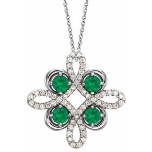 14K White Natural Emerald &amp; 1/6 CTW Natural Diamond Clover 18" Necklace