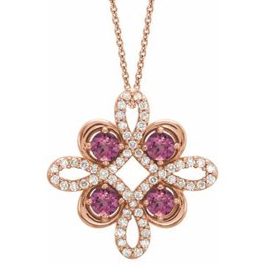 14K Rose Natural Pink Tourmaline &amp; 1/8 CTW Natural Diamond Clover 18" Necklace