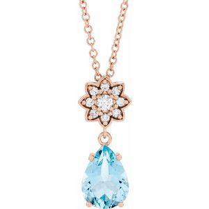 14K Rose Natural Aquamarine &amp; .08 CTW Natural Diamond 16-18" Necklace