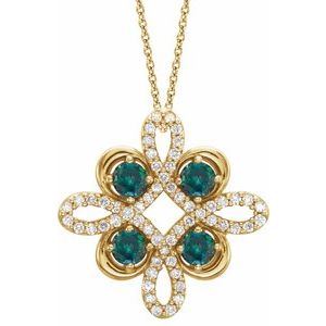 14K Yellow Lab-Grown Alexandrite &amp; 1/6 CTW Diamond Clover 18" Necklace