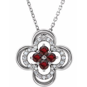 14K White Natural Mozambique Garnet &amp; .08 CTW Natural Diamond Clover 18" Necklace