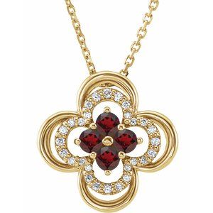 14K Yellow Natural Mozambique Garnet &amp; .08 CTW Natural Diamond Clover 18" Necklace