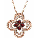 14K Rose Natural Mozambique Garnet &amp; .08 CTW Natural Diamond Clover 18" Necklace