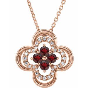 14K Rose Natural Mozambique Garnet &amp; .08 CTW Natural Diamond Clover 18" Necklace