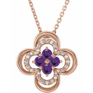 14K Rose Natural Amethyst &amp; .08 CTW Natural Diamond Clover 18" Necklace