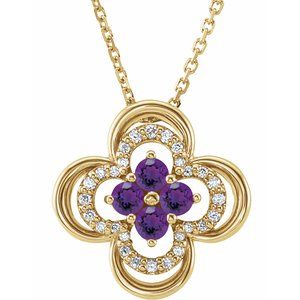 14K Yellow Natural Amethyst &amp; .08 CTW Natural Diamond Clover 18" Necklace