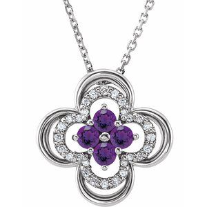 14K White Natural Amethyst &amp; .08 CTW Natural Diamond Clover 18" Necklace