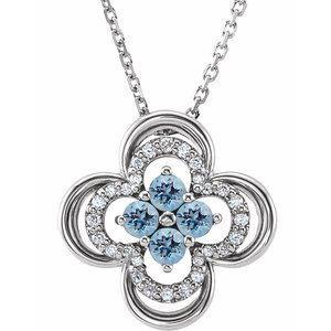 14K White Natural Aquamarine &amp; .08 CTW Natural Diamond Clover 18" Necklace