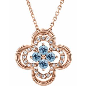 14K Rose Natural Aquamarine &amp; .08 CTW Natural Diamond Clover 18" Necklace