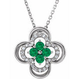 14K White Lab-Grown Emerald &amp; .08 CTW Natural Diamond Clover 18" Necklace
