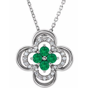 14K White Lab-Grown Emerald &amp; .08 CTW Natural Diamond Clover 18" Necklace