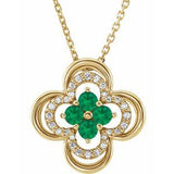 14K Yellow Natural Emerald &amp; .08 CTW Natural Diamond Clover 18" Necklace