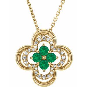 14K Yellow Natural Emerald &amp; .08 CTW Natural Diamond Clover 18" Necklace