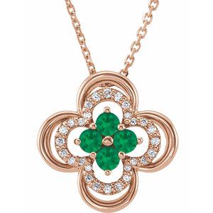 14K Rose Natural Emerald &amp; .08 CTW Natural Diamond Clover 18" Necklace
