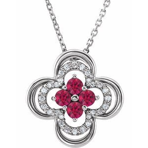 14K White Lab-Grown Ruby &amp; .08 CTW Natural Diamond Clover 18" Necklace