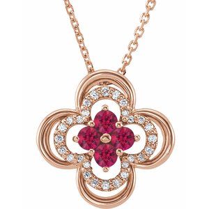 14K Rose Lab-Grown Ruby &amp; .08 CTW Natural Diamond Clover 18" Necklace
