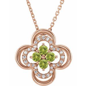 14K Rose Natural Peridot &amp; .08 CTW Natural Diamond Clover 18" Necklace