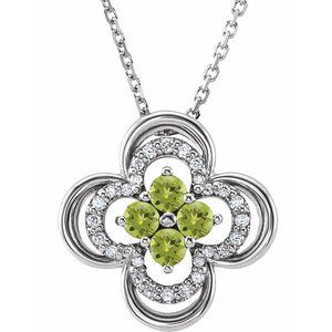 14K White Natural Peridot &amp; .08 CTW Natural Diamond Clover 18" Necklace