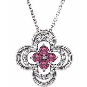 14K White Natural Pink Tourmaline &amp; .08 CTW Natural Diamond Clover 18" Necklace
