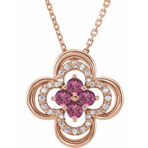 14K Rose Natural Pink Tourmaline &amp; .08 CTW Natural Diamond Clover 18" Necklace