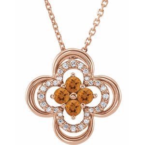 14K Rose Natural Citrine &amp; .08 CTW Natural Diamond Clover 18" Necklace